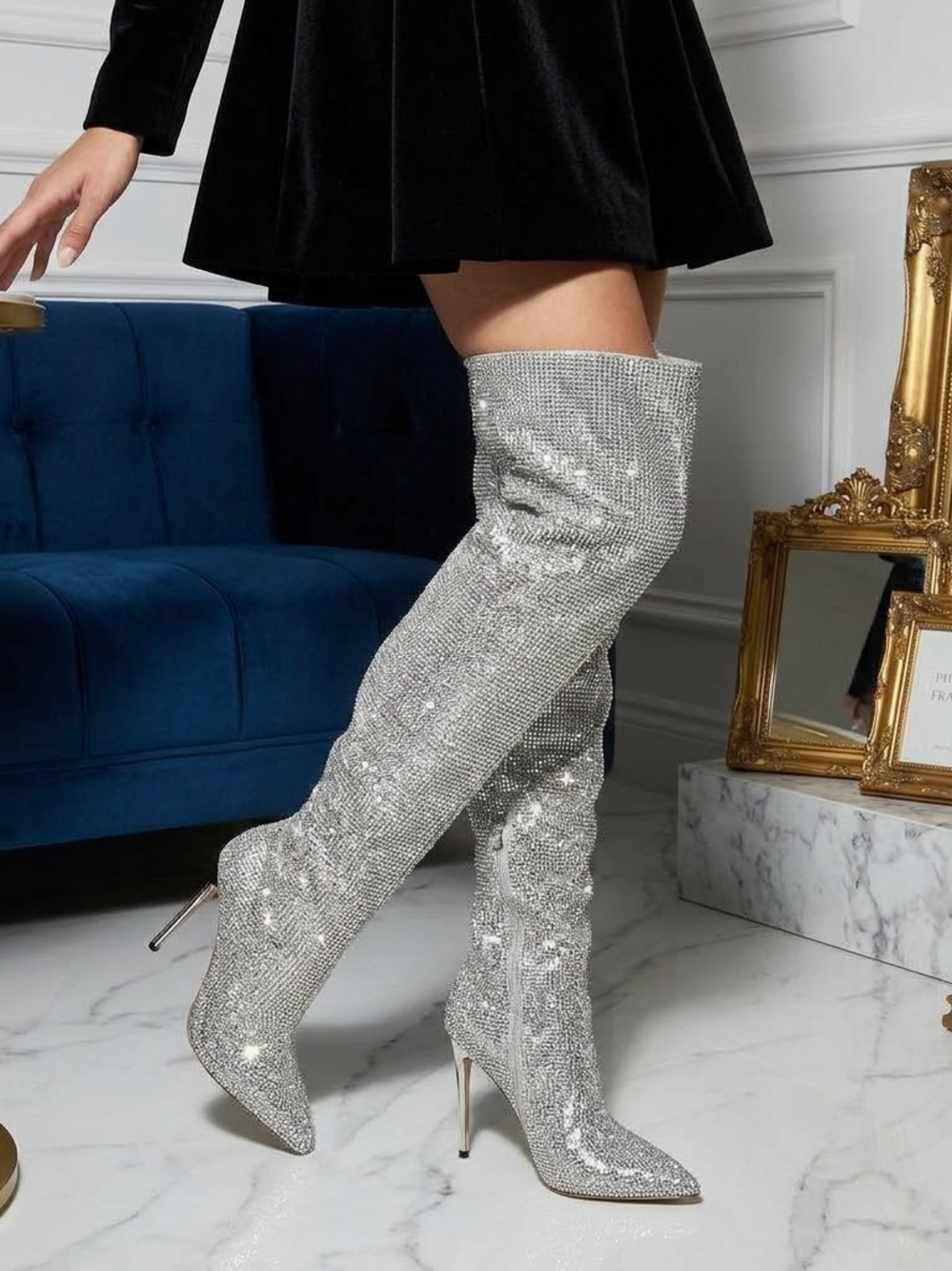 Steve Madden Skyscraper Silver Rhinestone Over-the-Knee Boots | Size 7